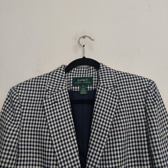Lauren Ralph Lauren Vtg 80s Linen Navy Checkered Long Blazer Jacket Pockets Sz 8 - Picture 4 of 11
